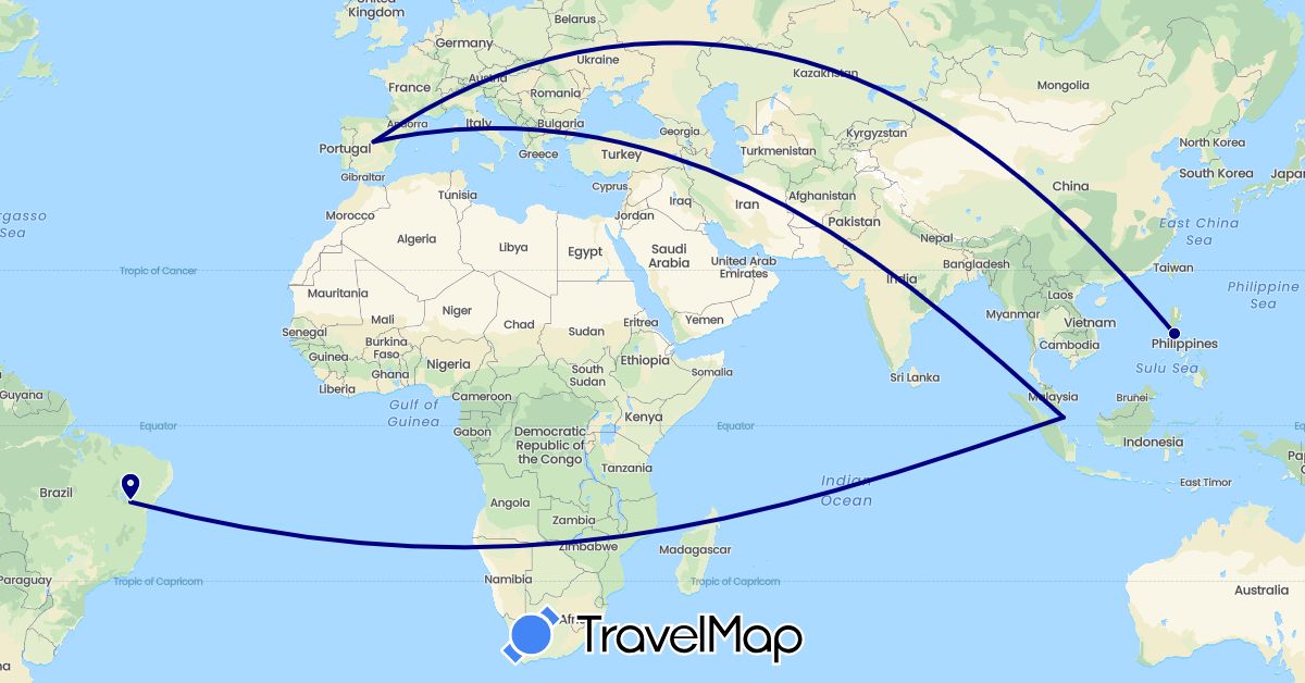 TravelMap itinerary: driving in Brazil, Spain, Philippines, Singapore (Asia, Europe, South America)